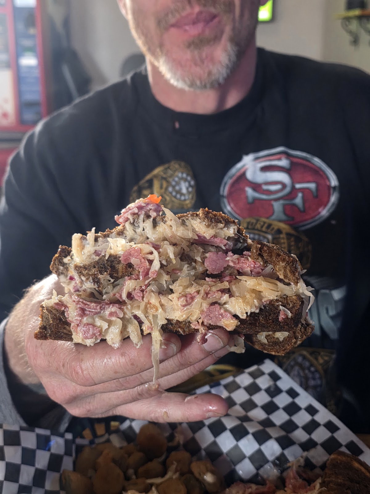 Reuben sandwich with beer